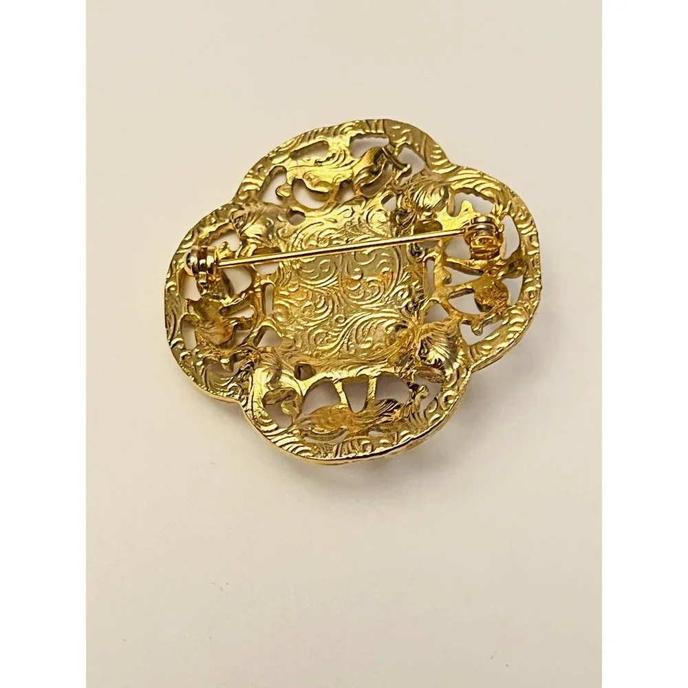 Brooch Pin‎ Gold Tone Ornate Jeweled Rhinestone VTG 1928 Co Rare Byzantine Blue
